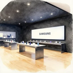 a watercolor ink painting of a flagship samsung store, black walls. timber floor. low ceilings with spots. curved furniture, with large digital screen. display tables with phones and tablets, pots with plants, large digital screens on the walls. in the style of jean giraud in the style of moebius trending on artstation deviantart pinterest detailed realistic hd 8 k high resolution