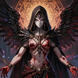 4 k headshot of godlike hooded kali yuga with defined arms and open hands and bloody clothes with giant mandala wings, intricate face, flawless anime cel animation by kentaro miura, psychedelic, highly detailed upper body, professionally post - processed, beautiful, scary, symmetry accurate features, epic, octane rendered, anime masterpiece, accurate