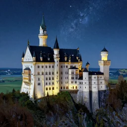 a beautiful painting of majestic castle building glowing divinely, towering over majestic mountains and a clear night sky with a vast milky way by oswald achenbach.
