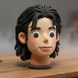 michael jackson!!! very realistic!!! smooth specular clay! extremely close smooth specular sculpted headshot of michael jackson clay puppet , soft light, fog , on wooden table. style: claymation puppet kids clay , by guldies