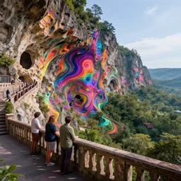 view from a castle balcony, vast cliff side with psychedelic caves, by josip csoor, by vladimir kush, by laurie lipton, hyperrealistic, detailed, 8 k resolution, landscape, psychedelic, rendered in lumion, cosmic, electric