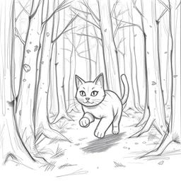 a storyboard pencil sketch of a cat running through a forest, rough sketch with erased lines, trending on artstation, detailed, anime