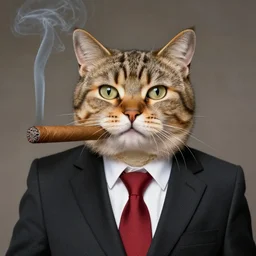 an antropomorphic cat wearing a suit smoking a cigar,,