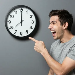 a man pointing and laughing at a clock