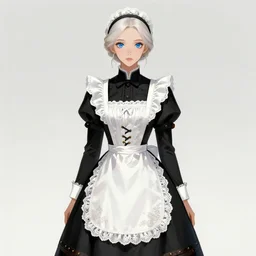 full body!! illustration of a beautiful platinum blonde victorian maid. beautiful slender face, updo, big blue eyes, fine pointy chin, slender nose, high cheek bones, soft lips. maid black dress with white apron. lace, embroidery, leather, studs. intricate, elegant, artstation, sharp focus, art by artgerm and greg rutkowski