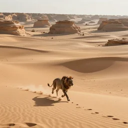 beast running across the open desert, empty desert, sand, karst landscape, wide shot, concept art