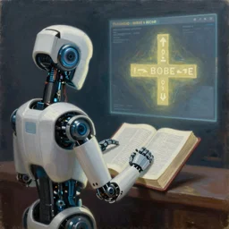 a robot with a bible preaching the gospel over the internet, oil on canvas