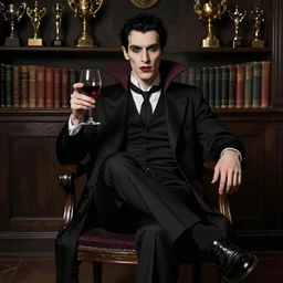 character portrait of a vampire with one leg crossed over the other, facing the camera, holding a wine glass filled with red wine in his hand, sitting sitting dramatically on a chair in a dark room, trophies along the back wall on bookshelves, moody colors, amazing value control, john singer sargent, dramatic lighting, sharp focus