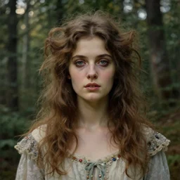 a beautiful and eerie baroque painting of a gorgeous young woman from vermont, with wild hair and haunted eyes, 1 9 6 0 s, woodland, afternoon light, delicate embellishments, painterly
