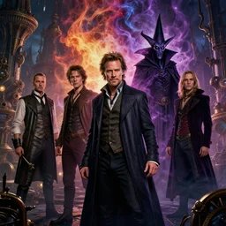 a young mix of willem dafoe, christopher walken, michael emerson, evil wizard, intricate colorful cosmic smoke magic, victorian steampunk city vista, hyperrealism, octane render, extremely detailed, style of artgerm, dan mcphalin, ian mcque