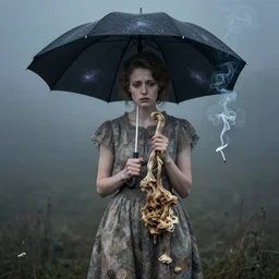 photographic portrait of sad max ernst woman swan dried melting floral fungus with spiraling cigarette smoke, wearing a dress, holding an umbrella, nebula, in fog