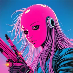 a close - up grainy, risograph painting, hyper light drifter, neon colors, a big porcelain glossy eva 0 0 1 - like head, with long hair, floating above the sharp peaks weapons, style by moebius and kim jung gi and barlowe wayne * *