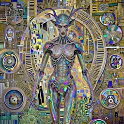 beautiful portrait of menacing and anxious biomechanical Djinn overseeing the deist mechanical universe by charlie bowater, mandy jurgens, gustav klimt, octane render, iridescent, 4k, 8k, high detail, HDR, by tom bagshaw, powerful, with inspiration from Beksinski