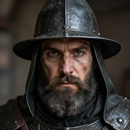 medieval blacksmith, symetrical, closeup, eyes, hat, beard, dirty, artstation, photorealistic