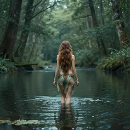 forest nymph rising from the water. view from behind, back view. nuri iyem, james gurney, james jean, greg rutkowski, anato finnstark. award winning photography, cinematic, clear, instagram