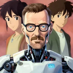 portrait of walter white as a robot, cybernetic enhancements, art by makoto shinkai and alan bean, yukito kishiro