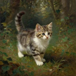 kitten exploring wild forest, German Romanticism detailed oil painting