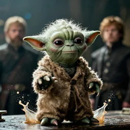 yoda as tyrion lannister in game of thrones, splash art, movie still, cinematic lighting, dramatic, octane render, long lens, shallow depth of field, bokeh, anamorphic lens flare, 8 k, hyper detailed, 3 5 mm film grain