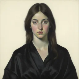 hyperrealism close - up mythological portrait of a beautiful woman, ivory background, wearing black silk robe, artwork by roy liechtestein, canvas, acrylic paint, dark and dull palette