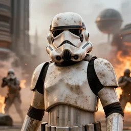 film still from the force awakens a telephoto head shot portrait of star wars dirty muddy first order storm trooper in the city of mos eisley, smoke, fire, volumetric lighting, deathstar, battle action pose, rim lighting, sunrise, thomas kinkade, ralph mcquarrie, greg rutkowski, octane, 8 k