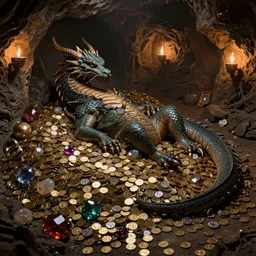 an ancient but calm dragon laying down on a large pile of coins, treasures, loot, gems, precious stones, rings, in a cave, dark - lit with torches along the walls, with many gold coins, many treasures, piled around, very high detail, 8 k, artstation, art by michael whelan
