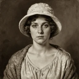 a close up ultra - realistic sepia portrait painting of a 1 9 2 0 s woman with a serious expression, wearing a modest light coloured bohemian style silk crepe dress with a bucket cloche hat, and a shawl over her shoulders, dark, brooding, atmospheric lighting, painted, sepia, intricate, ultra - detailed by leesha hannigan, thierry doizon, kai carpenter, well composed, best on artstation, cgsociety, epic, stunning, gorgeous, intricate detail, wow, masterpiece