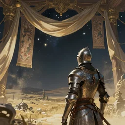 a knight looking at the land with stars and hanging silk drapery and tapestries, light dust, magnificent, close up, sharp focus, elegant, highly detailed, illustration, by jordan grimmer greg rutkowski wlop maya takamura, intricate, trending artstation, pixiv, digital art