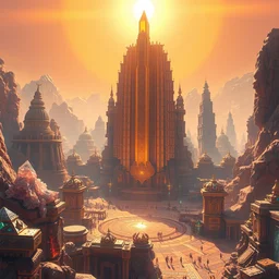 futuristic indian metropolis, highly detailed crystal and gemstone relics, gold obelisk, bright sun magic hour, digital painting, solid cube of light, hard edges, artstation, sharp focus, illustration, 8 k highly detailed