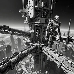 dimantled disassembled cyborg and biological android with wires on bridges and pipes in through a huge cybernetic megastructure multi - level metropolis in space, black and white, by nihei tsutomu