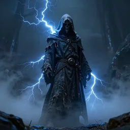 character design, high fantasy arcanist, tattered hood, blue lightning, blue mist, fog, scary, photorealistic, cinematic, hyper realistic, octane render, 8 k, wide angle