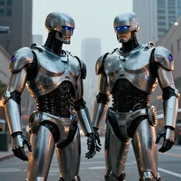 cinematic still of terminator against robocop, t - 1 0 1, mimetic polyalloy, detroit, los angeles, hyperrealism, 8 k, filmic, cinematography by adam greenberg jost vacano