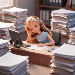 a tired and sad barbie doll sits at a desk in her office. the desk is overflowing!!! with several large stacks!!! of paper that surround!!! her entirely. her head is resting on her hand, photorealistic,