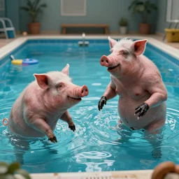 photo, two old men fight pig mutants 4 0 1 2 7 inside a swimming pool, highly detailed, scary, volumetric lighting, front view