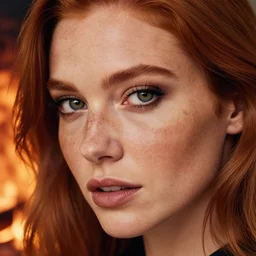 highly detailed close up portrait of a beautiful woman, ginger hair, lightly freckled, dark green eyes, seductive look, house on fire in the background