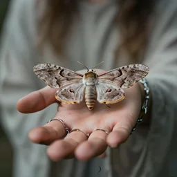 God Returned with the moth chained to his hand