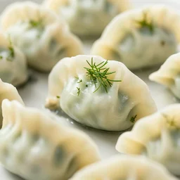 a 5 0 mm macro shot of hot dumplings with dill, gooey, depth of field, high resolution
