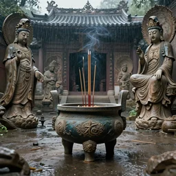 post design of wenjun lin digital illustration of incense burner and incense, a shabby temple ， rainstorms, clay statues of guanyin ， unreal engine, hyper realism, realistic shading, cinematic composition, realistic render, octane render, detailed textures, photorealistic, wide shot
