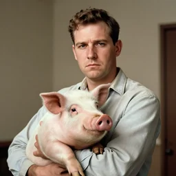 folk singer john jacob niles cradling a pig and gazing into the camera with sad eyes, vintage photograph, 4 k