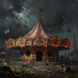 a rendered painting of a run down horror carnival, lots of detail, volumetric lighting, concept art, digital painting, trending on artstation, vivid, gloomy, abandoned, no people, scary