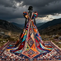 “high fashion dress made of colorful Persian rugs as painted by moebius and William Bradford”