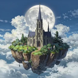 a ultradetailed anime illustration of the island floats in the sky, gothic church on the island, in front of a huge moon, cumulus clouds, by makoto shinkai, anton fadeev, thomas kinkade, and james gilleard, deviantart, cgsociety, 4 k vertical wallpaper, ultra wide angle