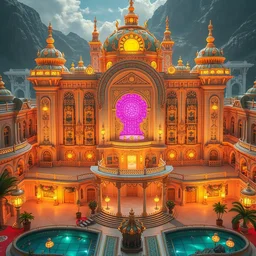 bright solarpunk palace exterior, extreme opulence, utopia, cinematic, futuristic, realistic, detailed, aerial view