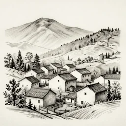 etching of detailed village landscape