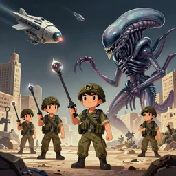 alien invasion with space ships in tel aviv, israel, cute israeli solders use secret weapon versus xenomorphs. anime style, delailed, arcane