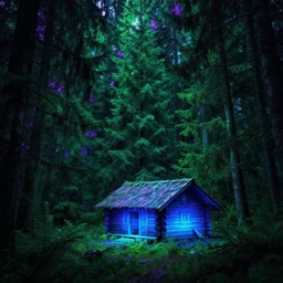 portrait of an ethereal evergreen forest made of green and purple light with log cabin made of blue light, divine, cyberspace, mysterious, dark high-contrast concept art