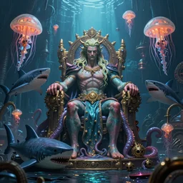 the inside of poseidon's lair with poseidon sitting on his throne and a sleeping cthulhu next to him with mega sharks and bio steampunk jelly fish floating around, ultrarealistic, canon 3 5 mm photography, 8 k, wide view, cinematic view, cinematic, 8 k, digital photo, unreal engine, colored paint, colorful paint, scary style, by atey ghailan, artstation