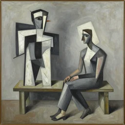a painting of a person sitting on a bench, an abstract sculpture by antoni tapies, cgsociety, lyrical abstraction, constructivism, academic art, orthogonal
