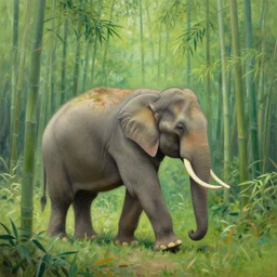 an elephant walking through a tall bamboo forest, oil painting by hiroshi yoshida