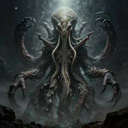 symmetry!! stunning monstrous cosmic horror cthulhu with space in the background!! lovecraftian horror, cosmic space horror!! cinematic lighting, muted colours, digital art, winning award masterpiece, fantastically beautiful, aesthetically inspired by wayne barlowe and gerald brom, trending on artstation, art by greg rutkowski, octane render, unreal engine, 8 k