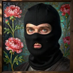 white man wearing black balaclava covering face, highly detailed face, haunting eyes, closeup, by gustave dore. back glass painting, carnation, encaustic painting, b - roll, establishing shot, dappled light, crime scene photography, 8 k, vray, unreal engine, blender cycles, colorful